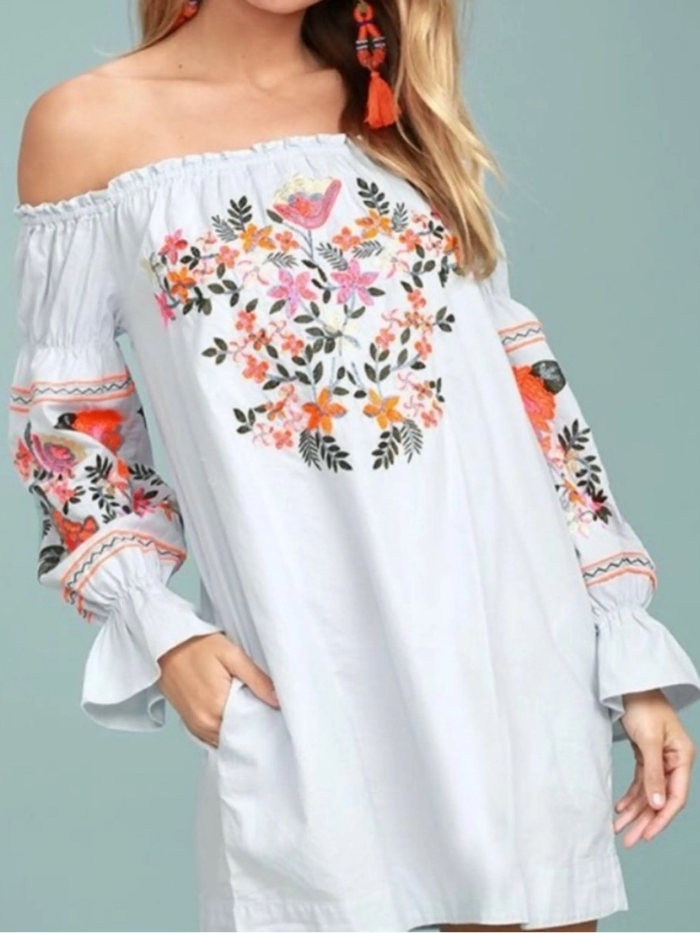 Free People Fleur Du Jour Embroidered Peasant Mini Dress Boho Floral Tunic L - Picture 2 of 16